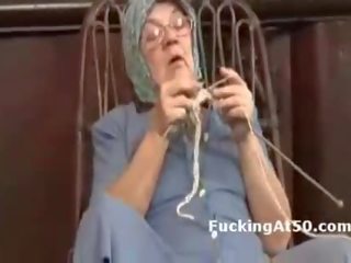 Hard up granny fingers herself and gives soaking wet blowjob